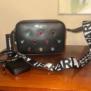 Karl Lagerfeld Black Crossbody Bag with Multicolor Heart Gem Accents
